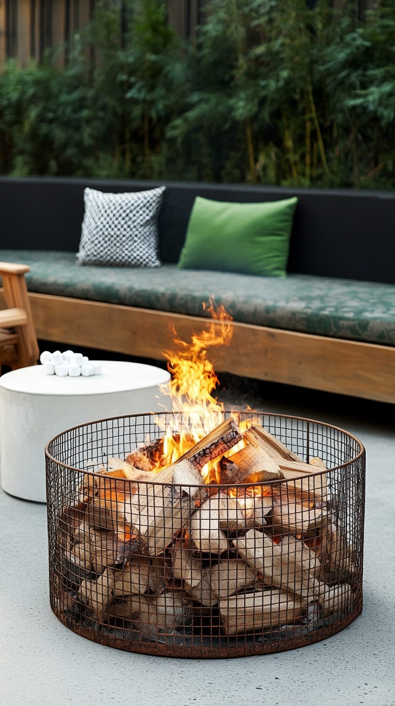 A modern outdoor setting featuring a round metal fire pit surrounded by green cushions and white side tables, with flames dancing inside and a cozy atmosphere.