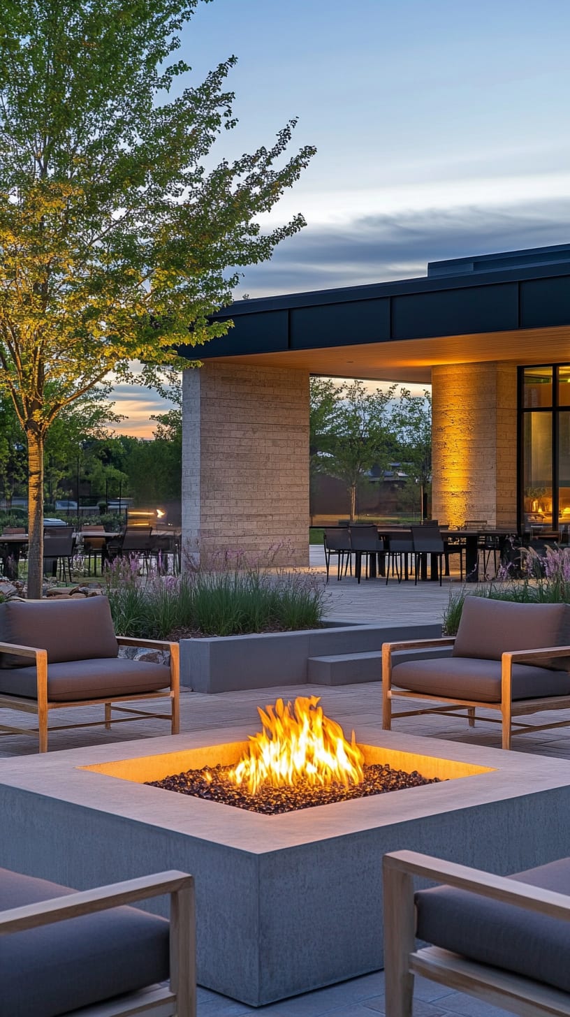 A stylish outdoor seating area featuring modern chairs and a large concrete fire pit, surrounded by lush greenery and illuminated by the soft glow of twilight.