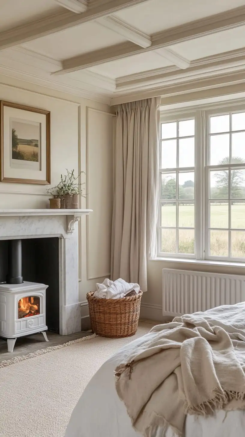 A cozy English country house bedroom featuring cream walls, a wood-burning stove, and large windows overlooking the countryside.