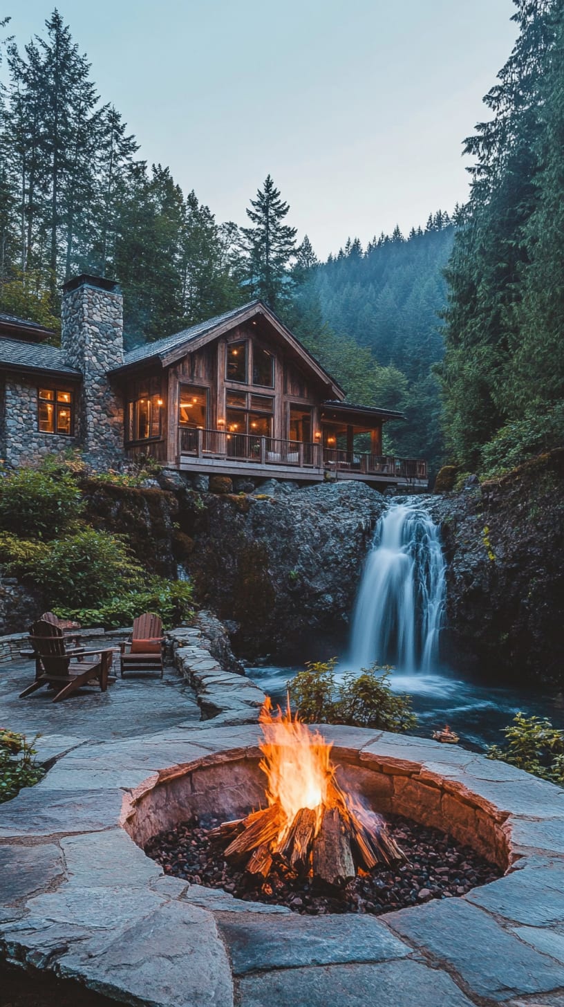 A cozy log cabin surrounded by lush greenery, with an outdoor fire pit and a cascading waterfall nearby.