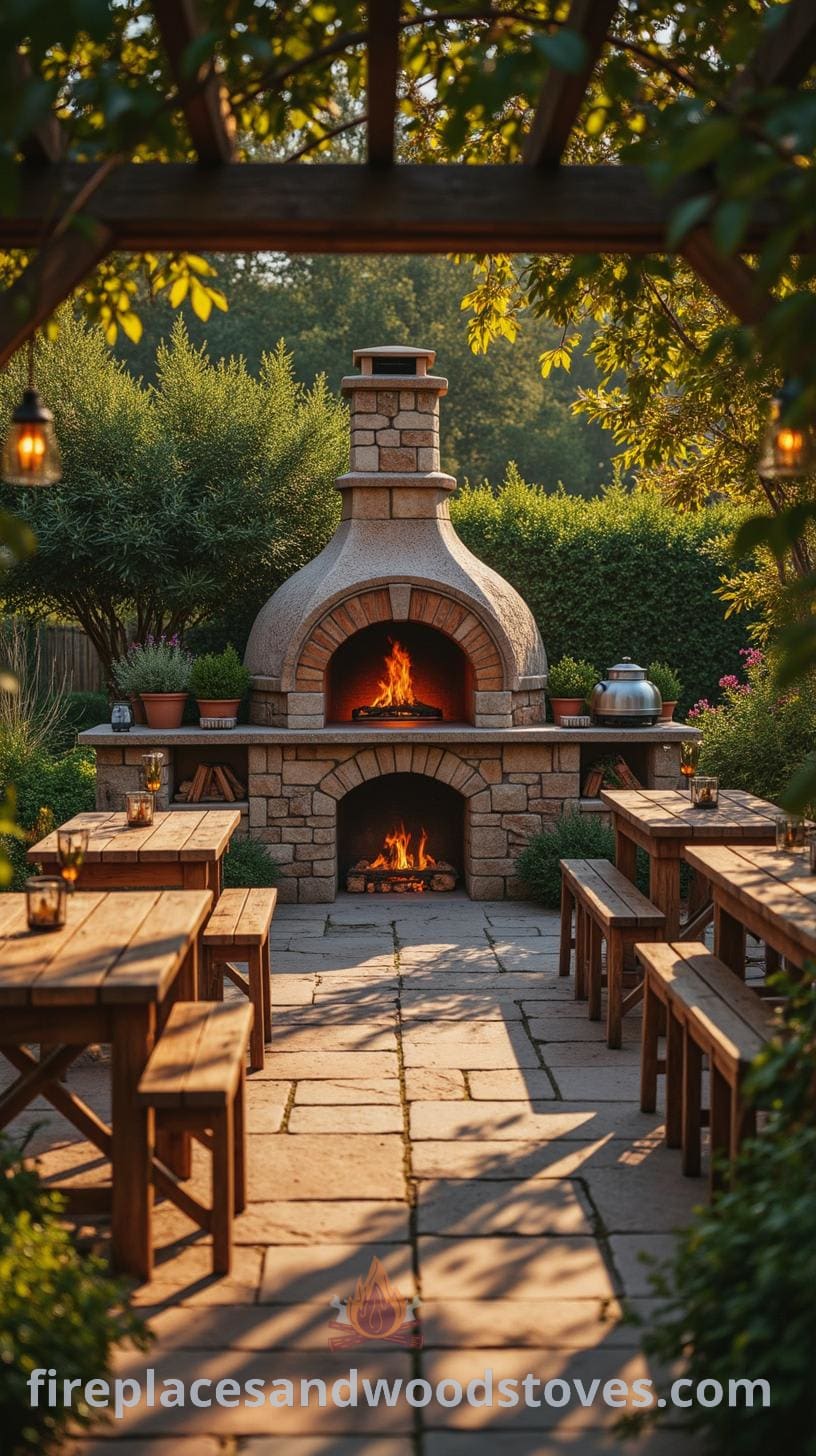 An outdoor kitchen area with a stone pizza oven, wooden dining tables, and a lush garden, creating a warm and inviting setting for gatherings.