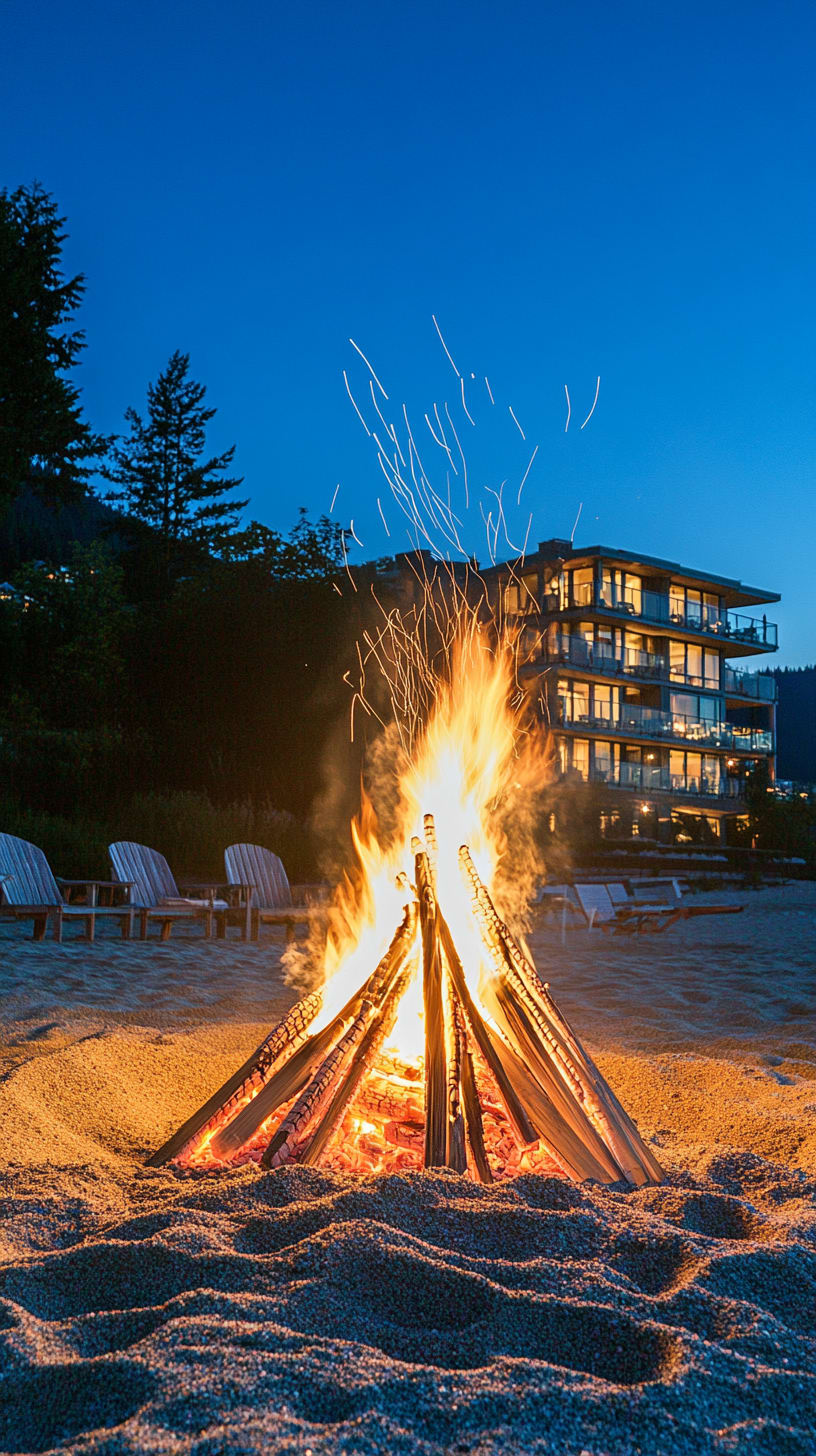 A large bonfire on the beach with chairs around it, illuminated flames contrasting against the night sky, with a hotel building in the background.