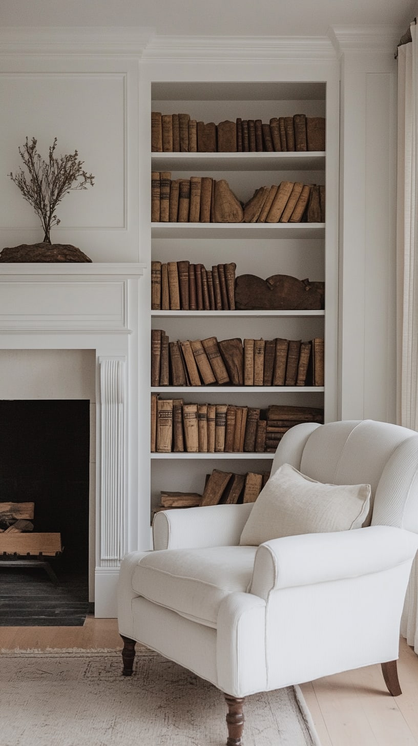 A cozy living room featuring a white fireplace, built-in bookshelves filled with vintage books, and a white armchair, all set in neutral tones with a warm and inviting atmosphere.