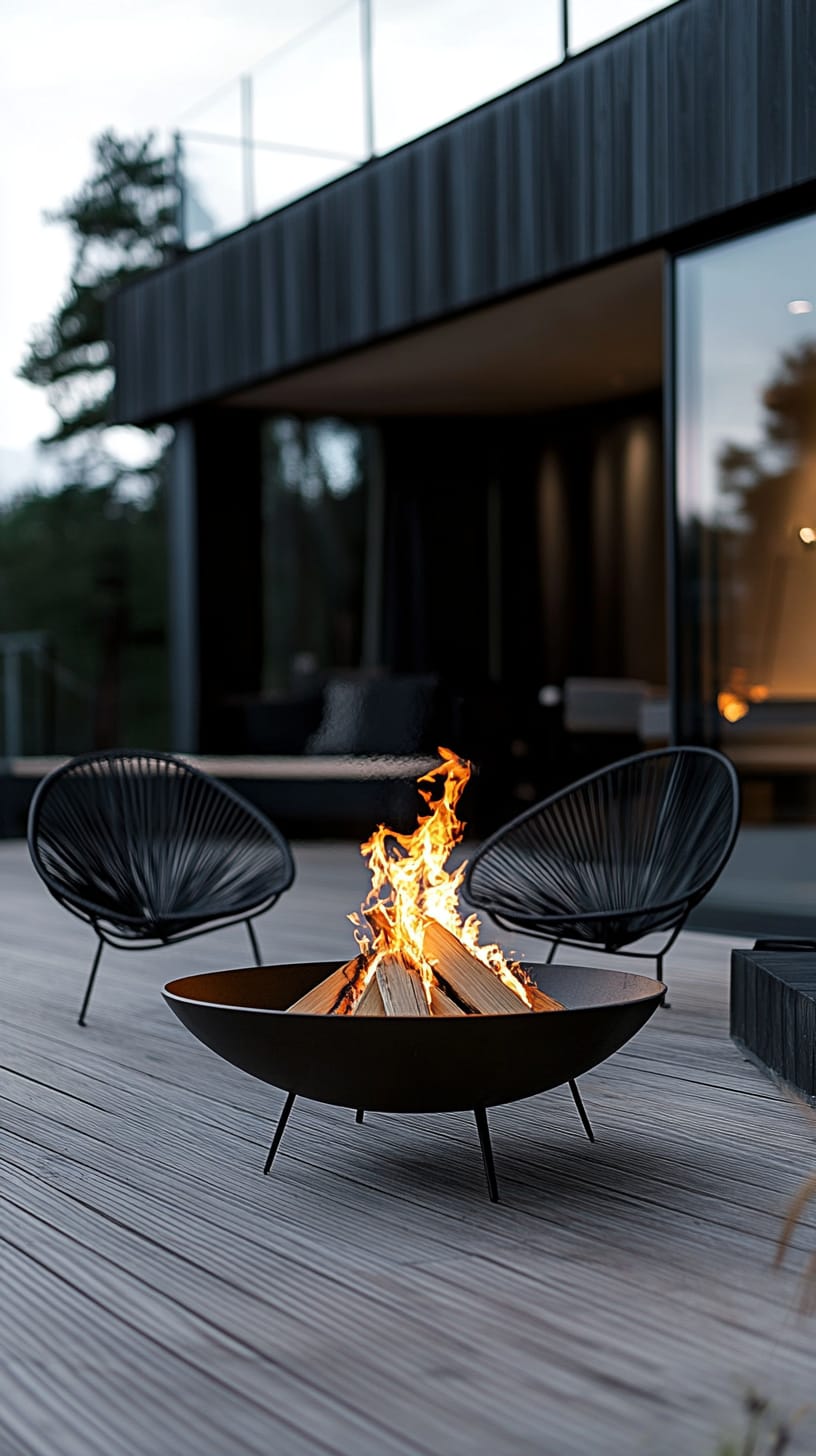 A black steel fire bowl surrounded by Acapulco chairs on a wooden terrace of a modern house, with flames burning inside.