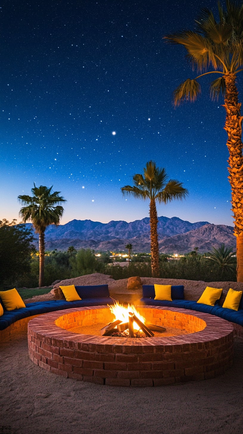 A cozy outdoor fire pit surrounded by comfortable seating, with a backdrop of palm trees and mountains under a starry desert night sky.