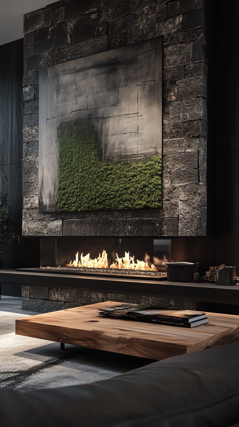 A modern fireplace made of black stone adorned with moss, surrounded by a wooden coffee table in an industrial-style living room.