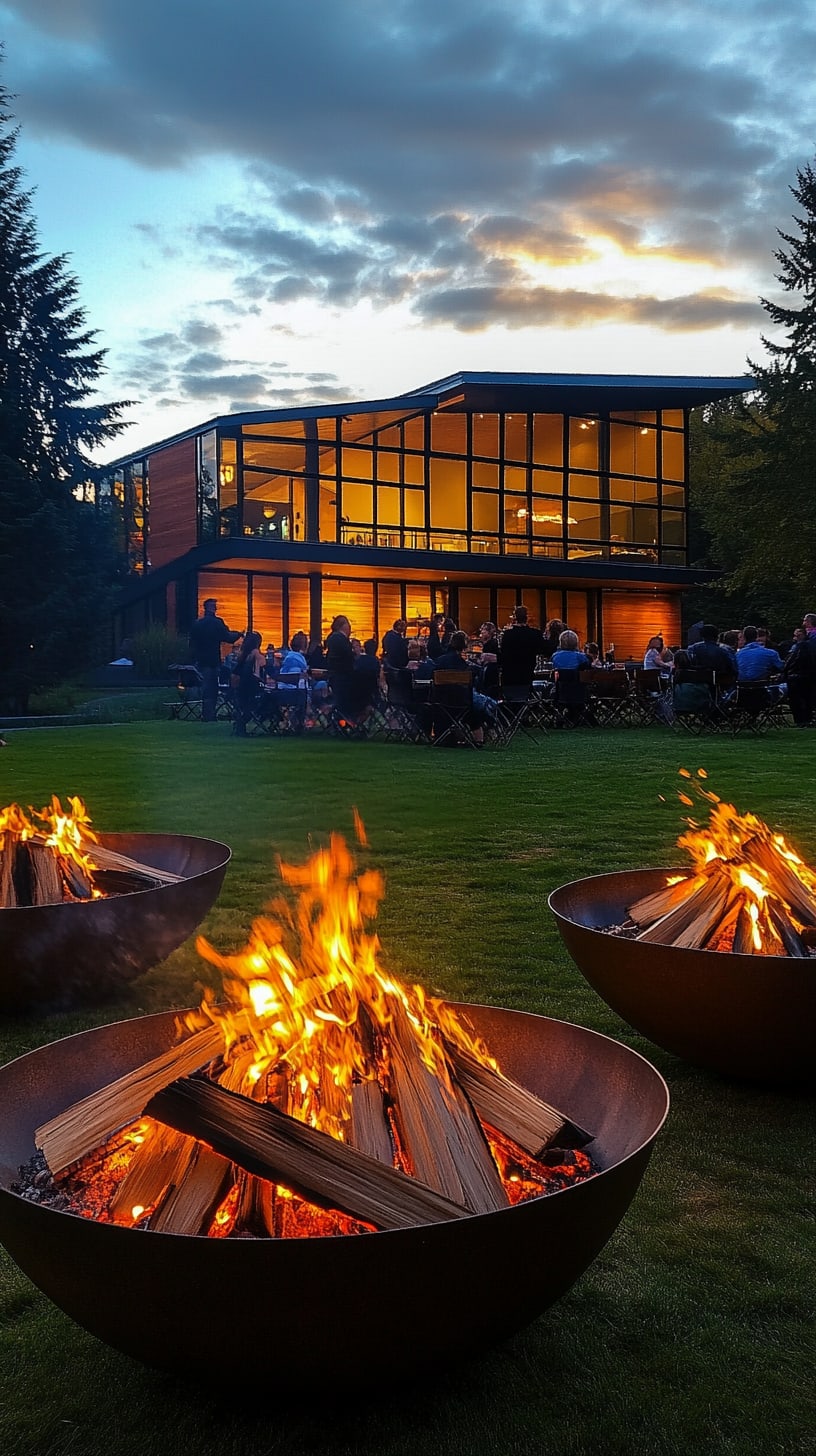 A modern building with people gathered around glowing fire pits on a lush lawn, under a twilight sky creating a warm and inviting atmosphere.