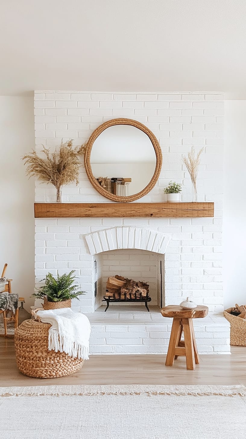 A cozy boho living room featuring a white brick fireplace, wooden stool, wicker basket, and plants, all complemented by soft, warm lighting.