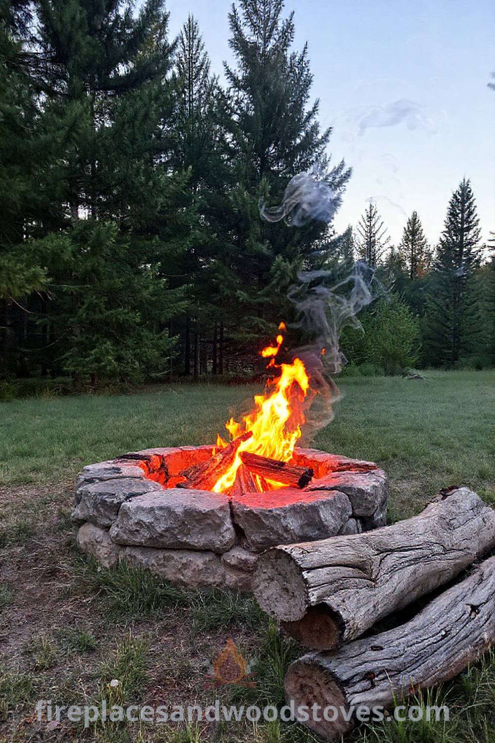 Stone fire pit in a grassy clearing with flickering flames and weather-beaten logs for seating, creating a cozy gathering spot perfect for outdoor evenings. Visit patioandhomefurniture.com for incredible ideas transforming your backyard.