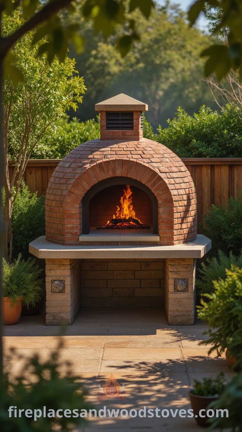 An outdoor brick pizza oven with a rounded top and stone base decorated with tiles, located in a garden area surrounded by greenery and a wooden fence.