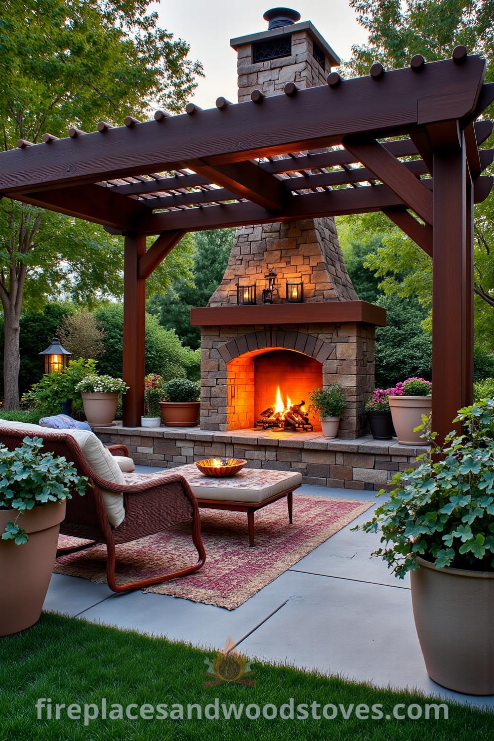 Cozy pergola-integrated fireplace in a charming backyard, featuring a rustic stone structure, warm orange flames, and surrounded by greenery and potted plants, providing unique decor ideas for a cozy home ambiance. Visit fireplacesandwoodstoves.com for more inspirations.