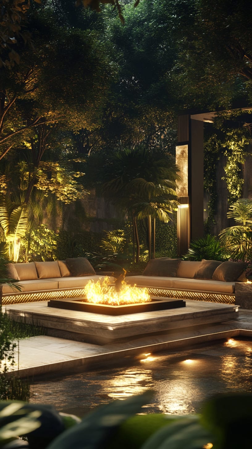 A serene outdoor seating area featuring comfortable sofas around an elegant fire pit, surrounded by lush greenery and soft lighting.
