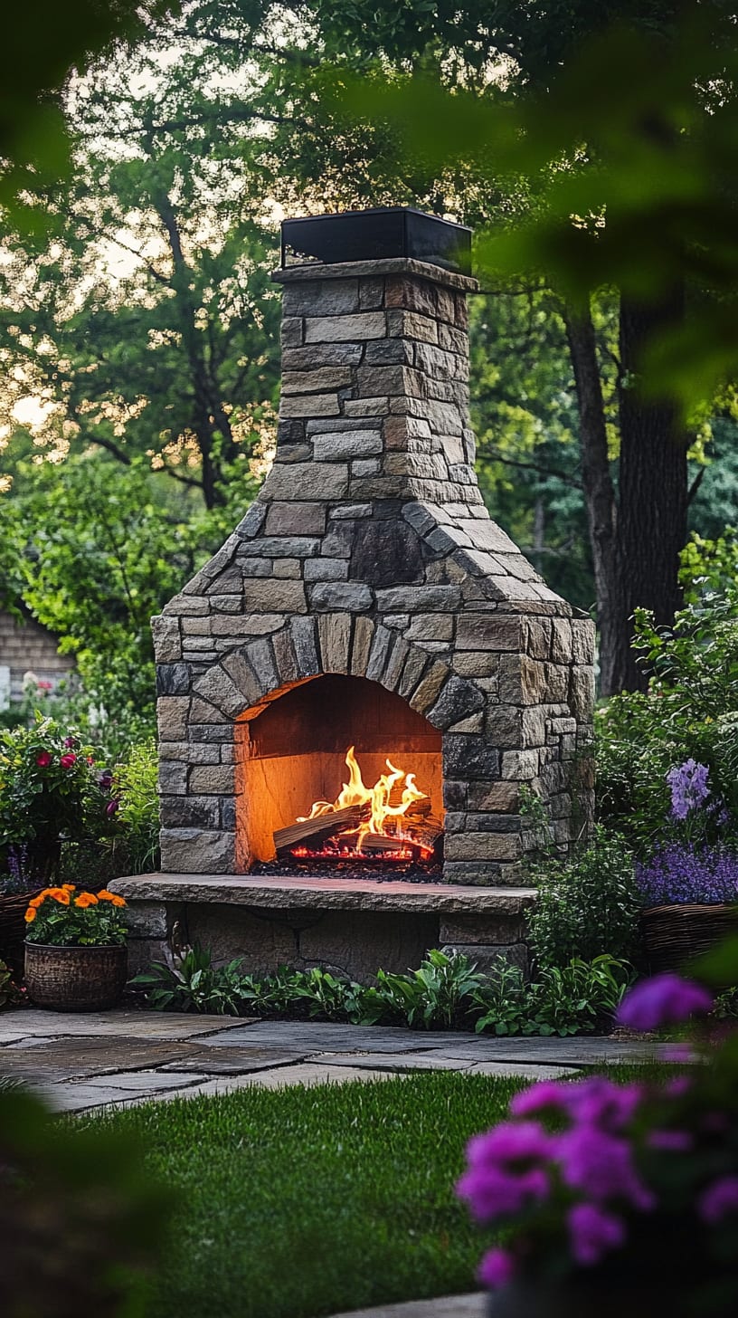 A stone outdoor fireplace surrounded by green grass and colorful flowers, with flickering flames casting warm light in a cozy backyard setting.