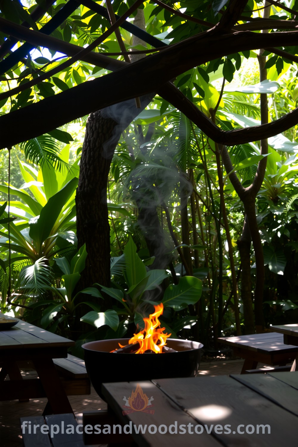 Wooden barbecue grill smoldering beneath a lush jungle canopy, surrounded by rustic picnic tables inviting guests to enjoy meals together in a warm, vibrant atmosphere, perfect for cozy gatherings and filled with inspiring decor ideas for your home; visit fireplacesandwoodstoves.com.