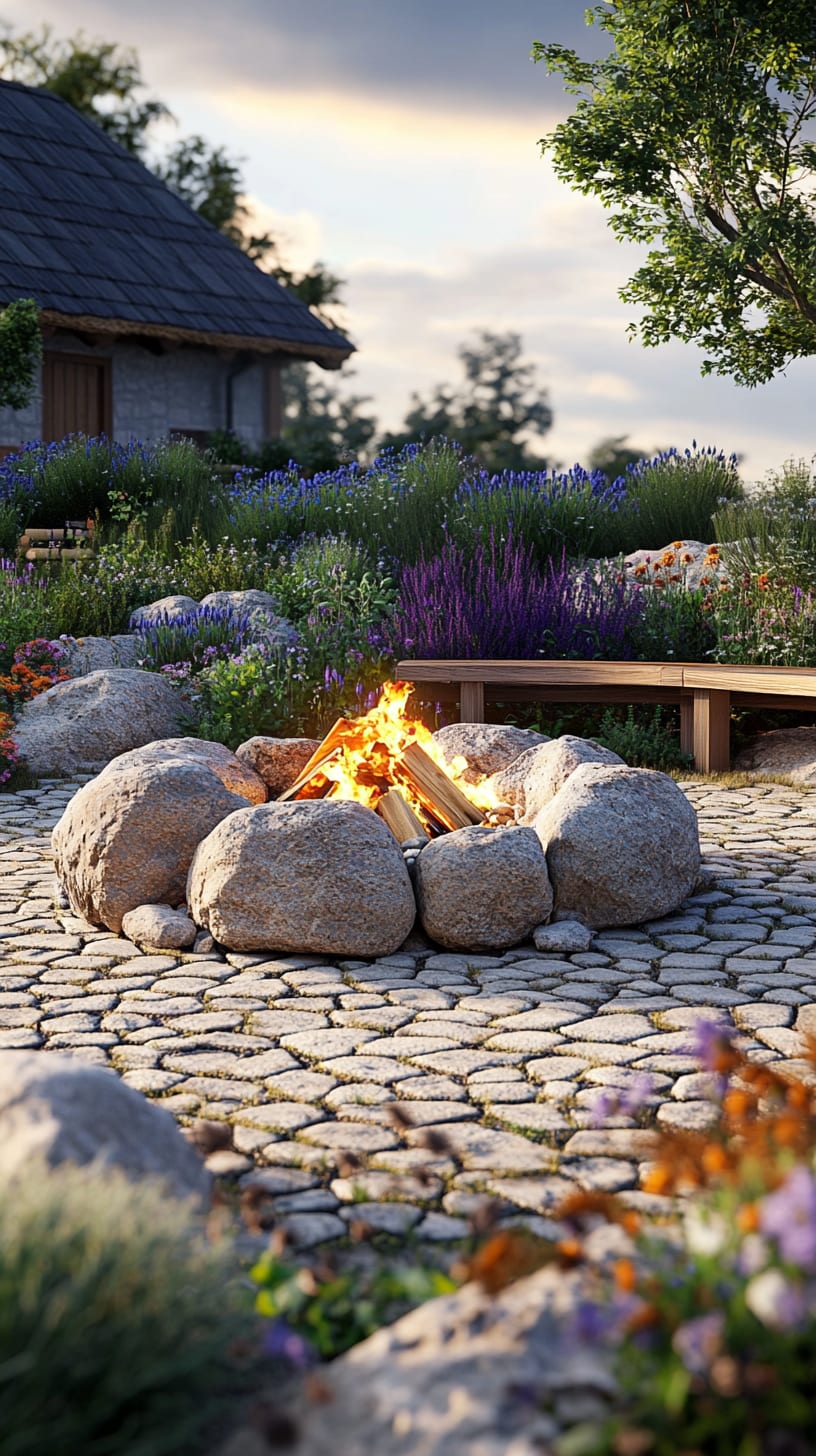 A large fire pit surrounded by smooth stones, colorful flowers, and greenery, creating a cozy outdoor atmosphere for gatherings and relaxation.