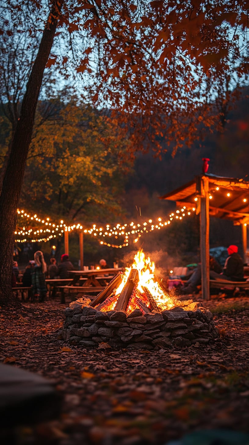 A cozy campfire scene with people enjoying drinks and conversation under string lights, surrounded by rustic tables and autumn leaves in a warm atmosphere.