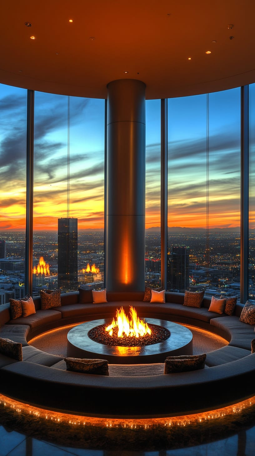 A luxurious lounge featuring a circular, sunken fireplace surrounded by plush seating, with floor-to-ceiling windows showcasing a panoramic view of the city skyline at sunset.