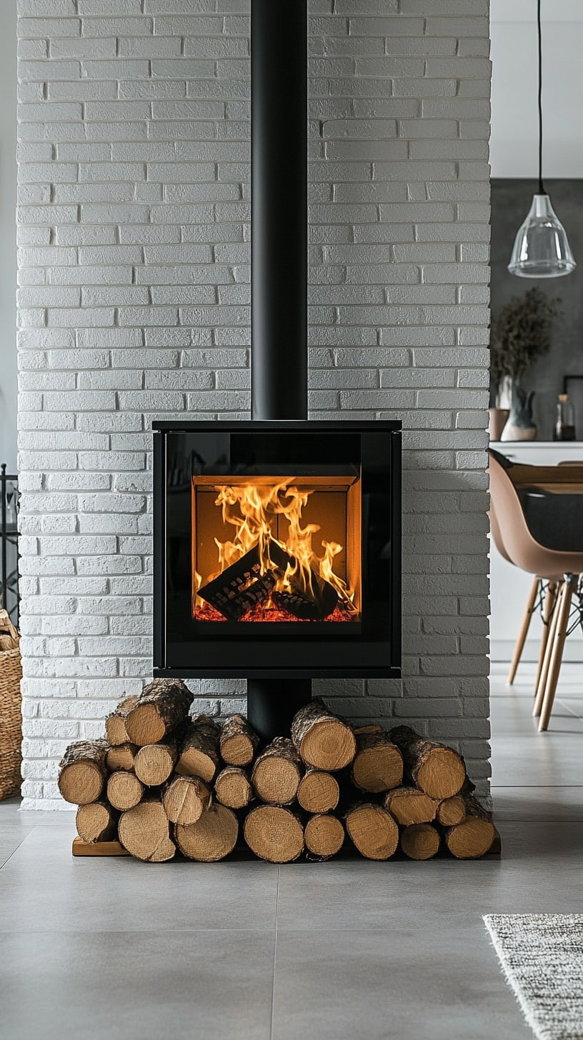 A modern wood stove surrounded by stacked wooden logs, set against gray and white brick walls in a cozy Scandinavian living room.