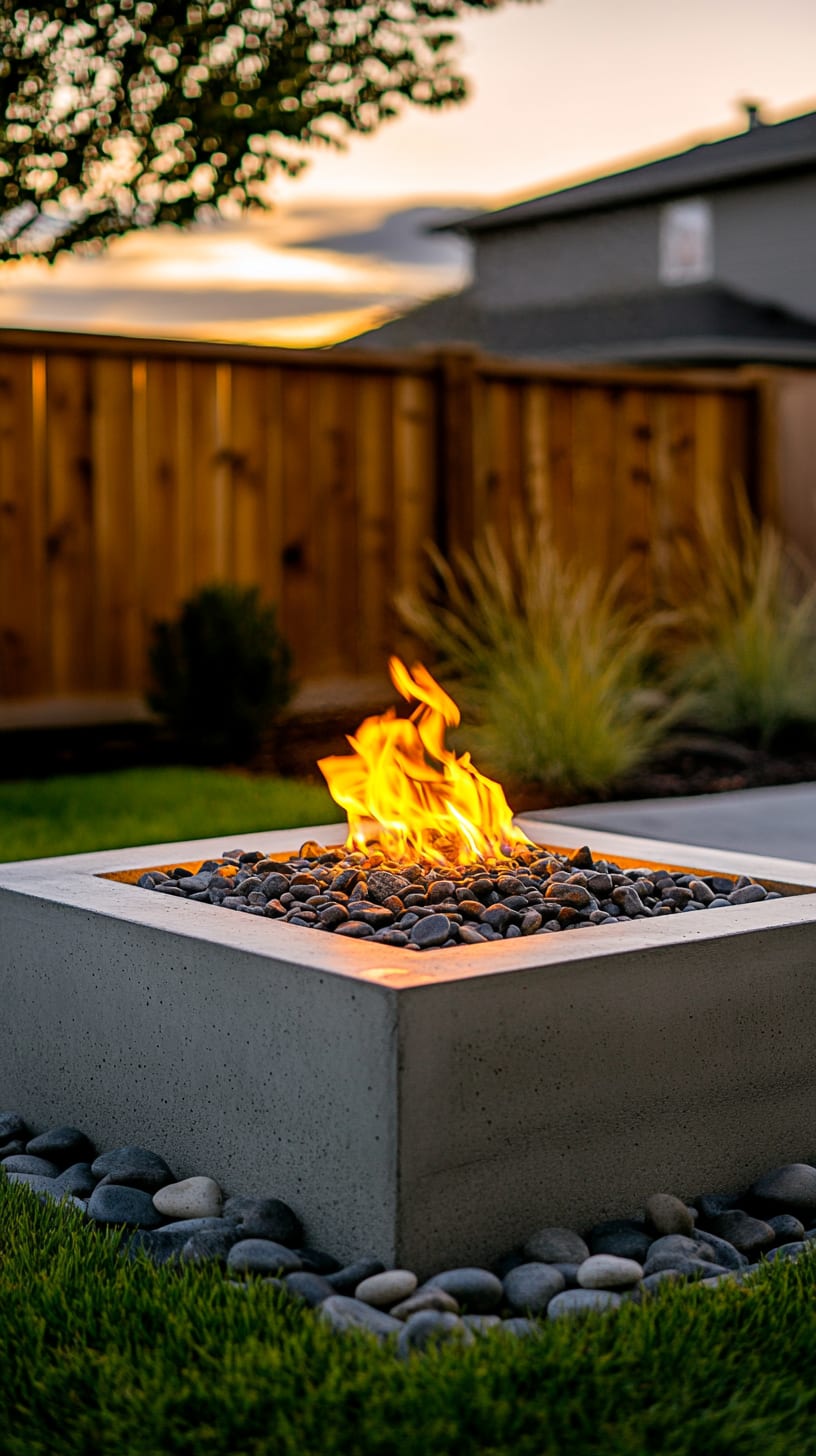 A modern concrete fire pit with flames, surrounded by pebbles and green grass, in the backyard of an upscale suburban home during golden hour.