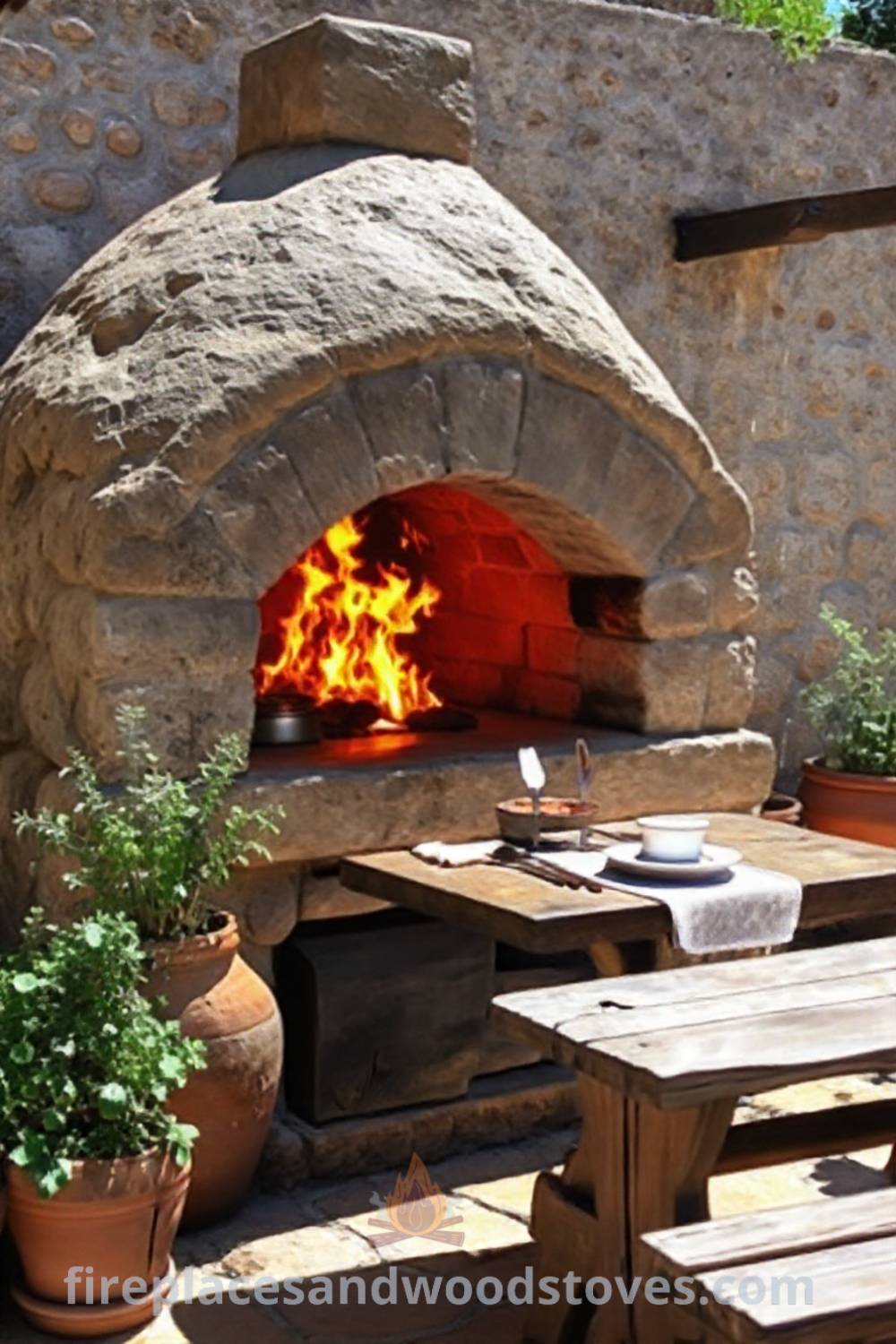Sturdy stone BBQ oven on a sun-drenched patio, surrounded by terracotta pots of herbs and a rustic table, creating a cozy outdoor space perfect for gatherings. Visit patioandhomefurniture.com for stylish outdoor ideas that will wow your guests.