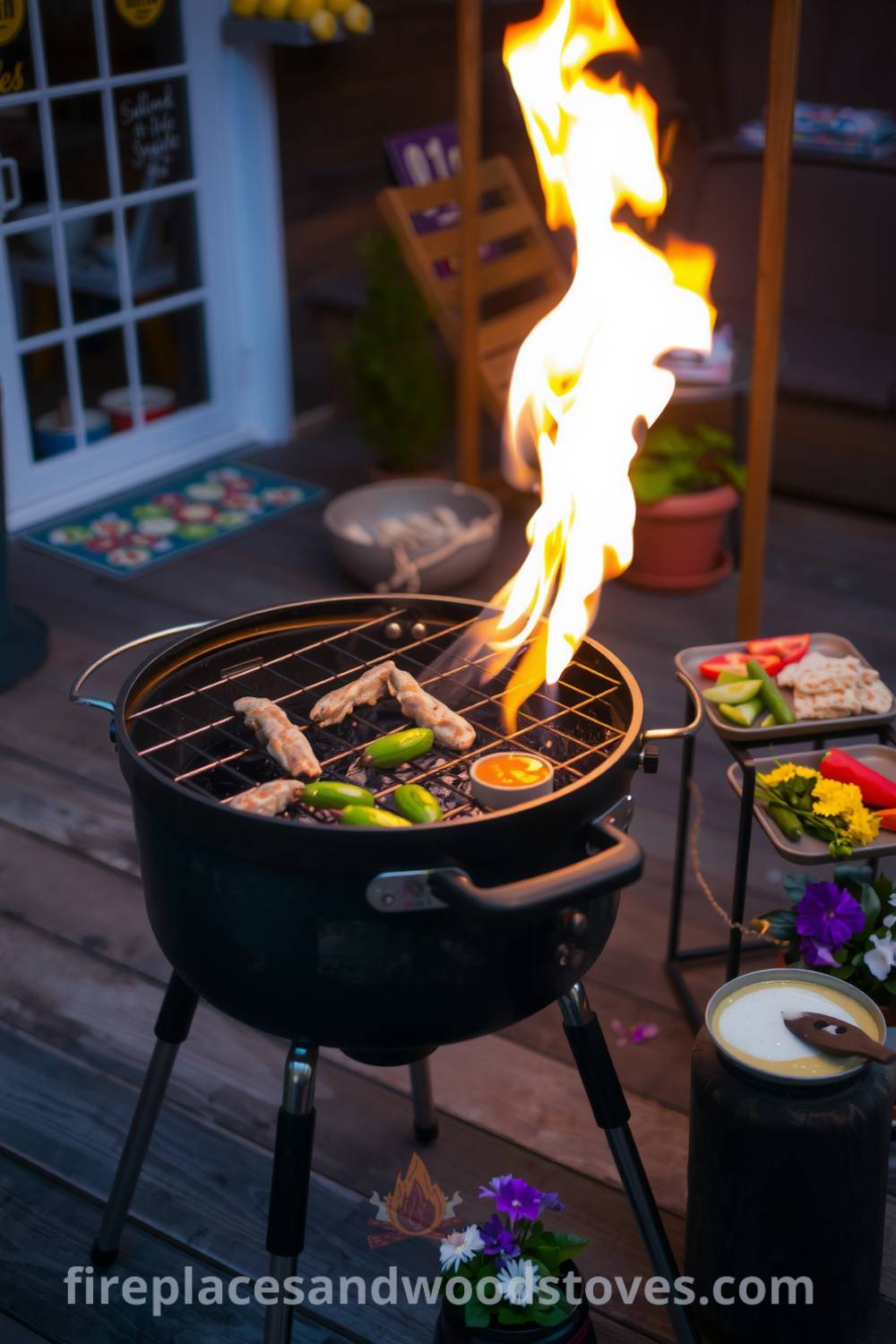 Charcoal barbecue on a wooden deck with warm flames, surrounded by colorful potted flowers and a small table holding plates of marinated vegetables and sauces, creating a cozy ambiance ideal for summer cookouts. Visit fireplacesandwoodstoves.com for cozy ideas and decor inspirations.