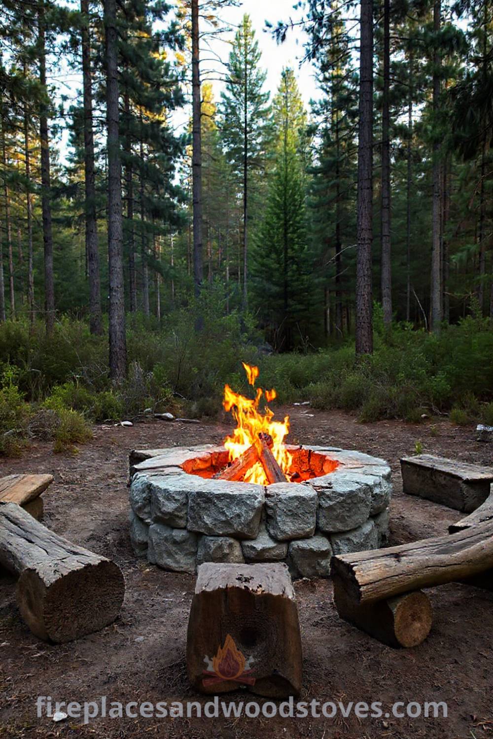 Rugged stone fire pit in a forest clearing with reclaimed log seating, perfect for cozy gatherings under the stars, featuring warm flames and surrounded by tall pine trees. Visit patioandhomefurniture.com for stylish outdoor design ideas.