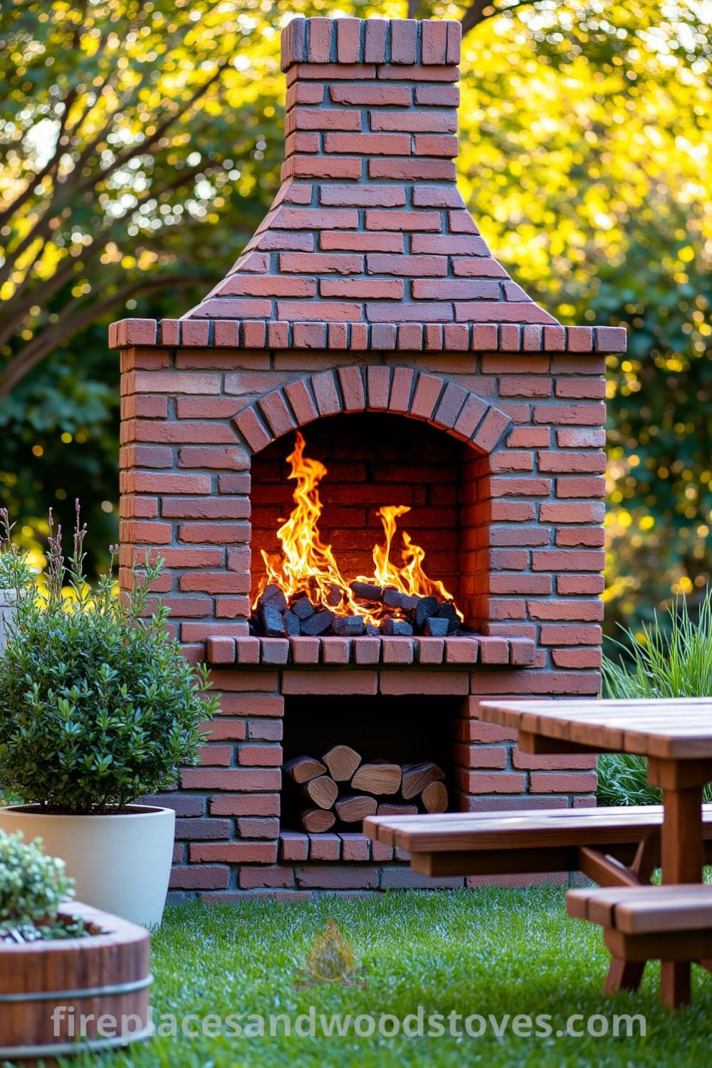 Traditional brick outdoor barbecue nestled in a sunlit backyard corner, featuring warm flames dancing, aged red bricks with soot marks, and a nearby wooden picnic table, creating a cozy gathering space perfect for family cookouts, from fireplacesandwoodstoves.com.