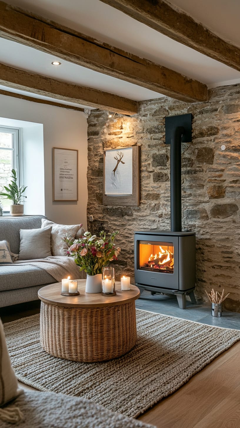A cozy cottage living room featuring rustic stone walls, wooden beams, a wood-burning stove, a grey sofa, and decorative candles on a wicker coffee table.