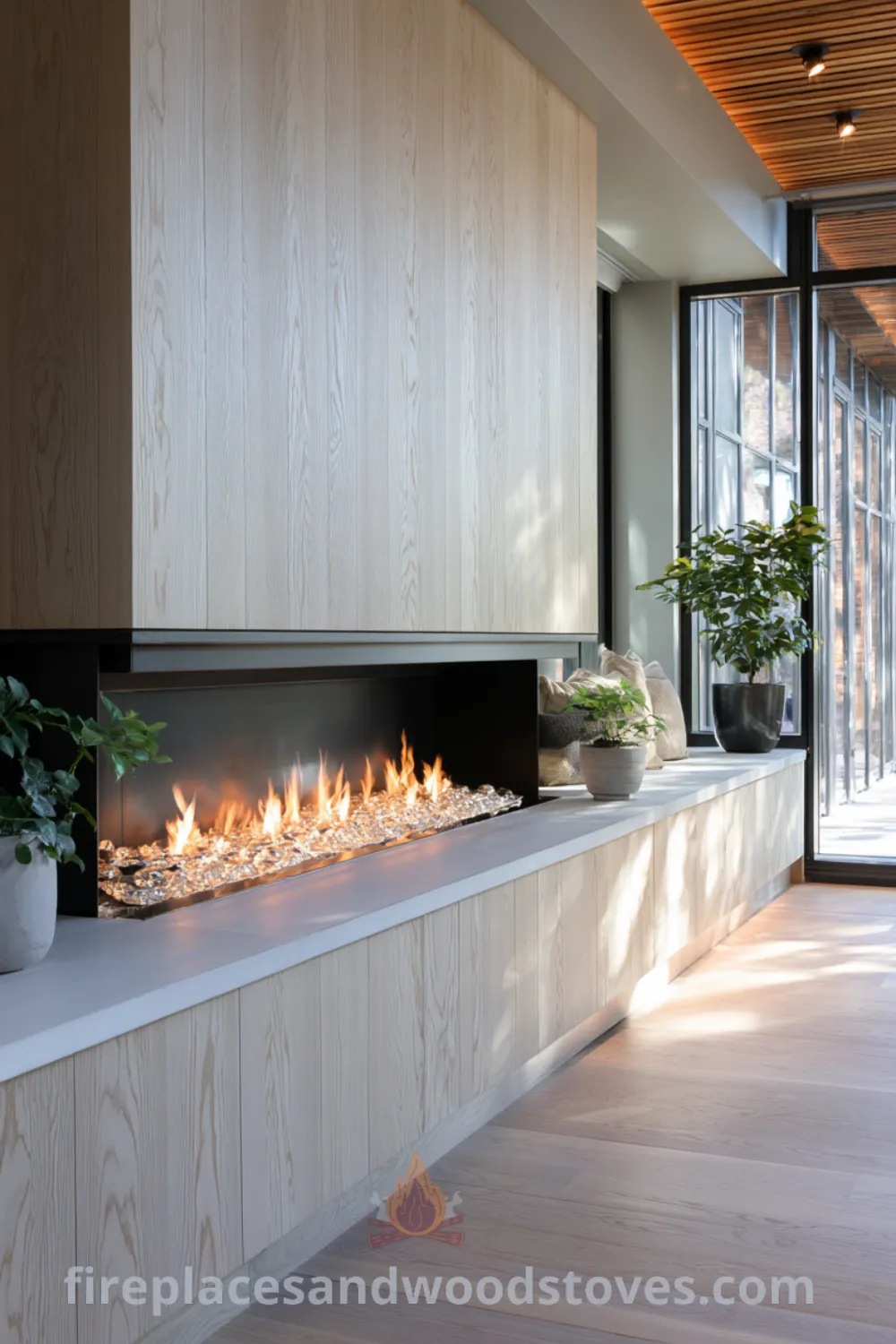 Scandinavian fireplace against light wood cabinetry, featuring a raw concrete hearth and cozy warmth, bringing functional elegance and minimalist design.