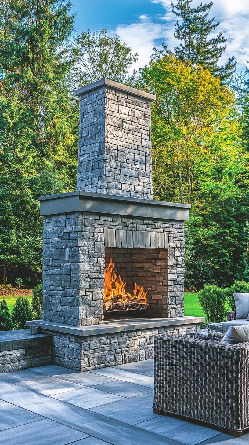 A stone outdoor fireplace surrounded by greenery and an elegant patio, with fire burning brightly and seating arranged nearby.