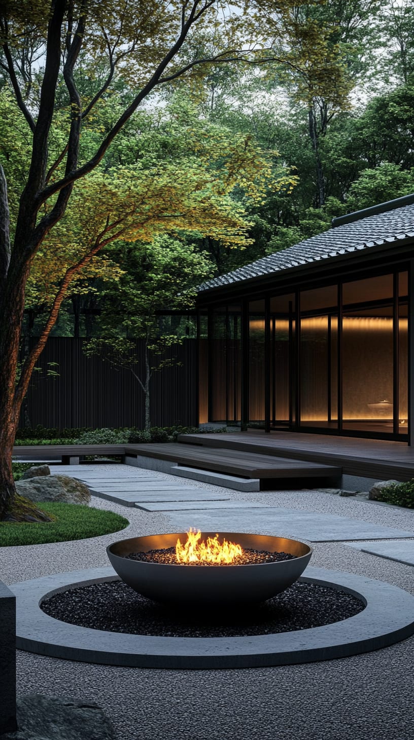 A black metal fire pit surrounded by Japanese garden landscaping, with lush trees and a minimalist building in the background, creating a serene outdoor ambiance.