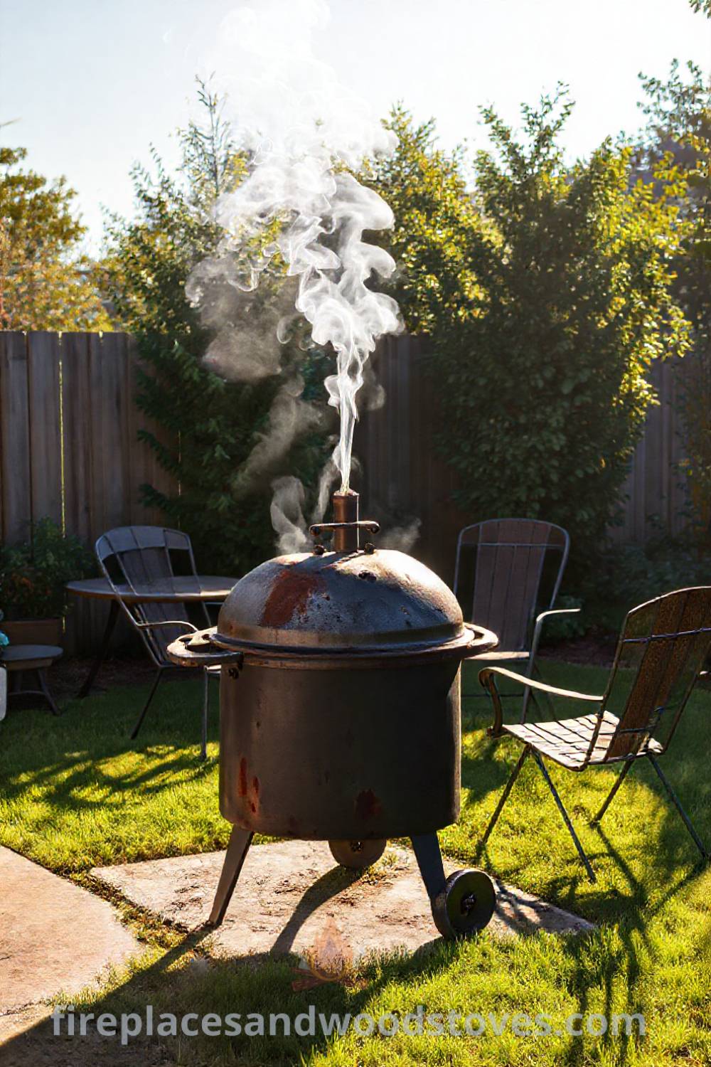 Weathered barbecue smoker in a sunlit backyard surrounded by mismatched patio chairs, showcasing a cozy outdoor space perfect for family gatherings and summer cookouts. Visit patioandhomefurniture.com for ideas that will wow your guests.