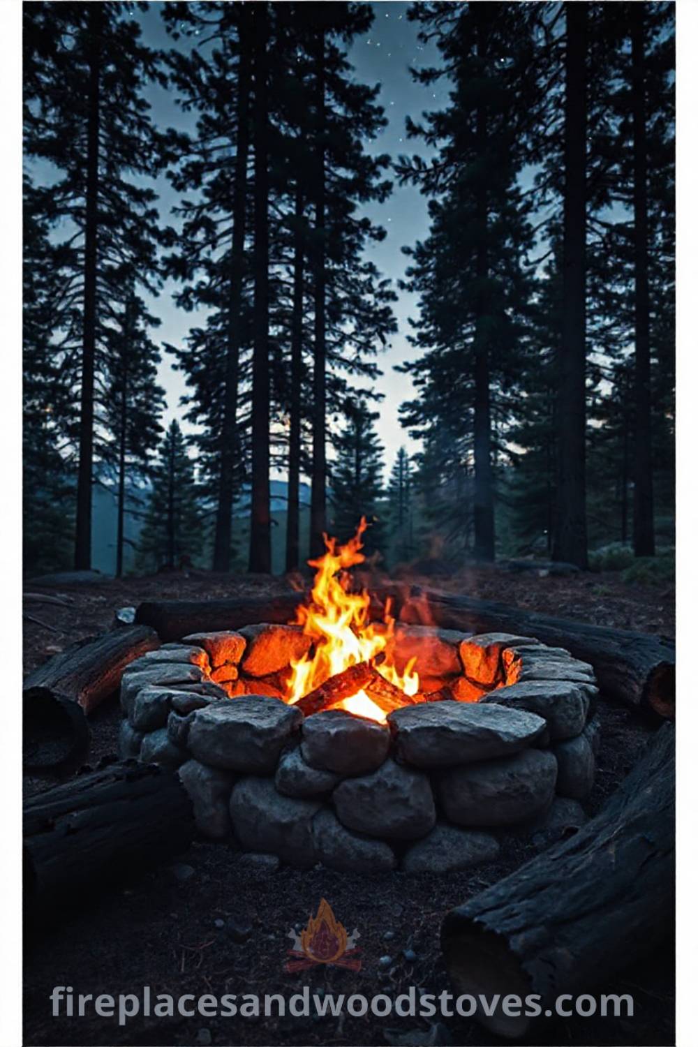 Rustic stone fire pit surrounded by tall pines, with flickering flames and charred logs creating a cozy atmosphere for gatherings, ideal for inspiring outdoor designs that will wow your guests. Visit patioandhomefurniture.com for incredible ideas.