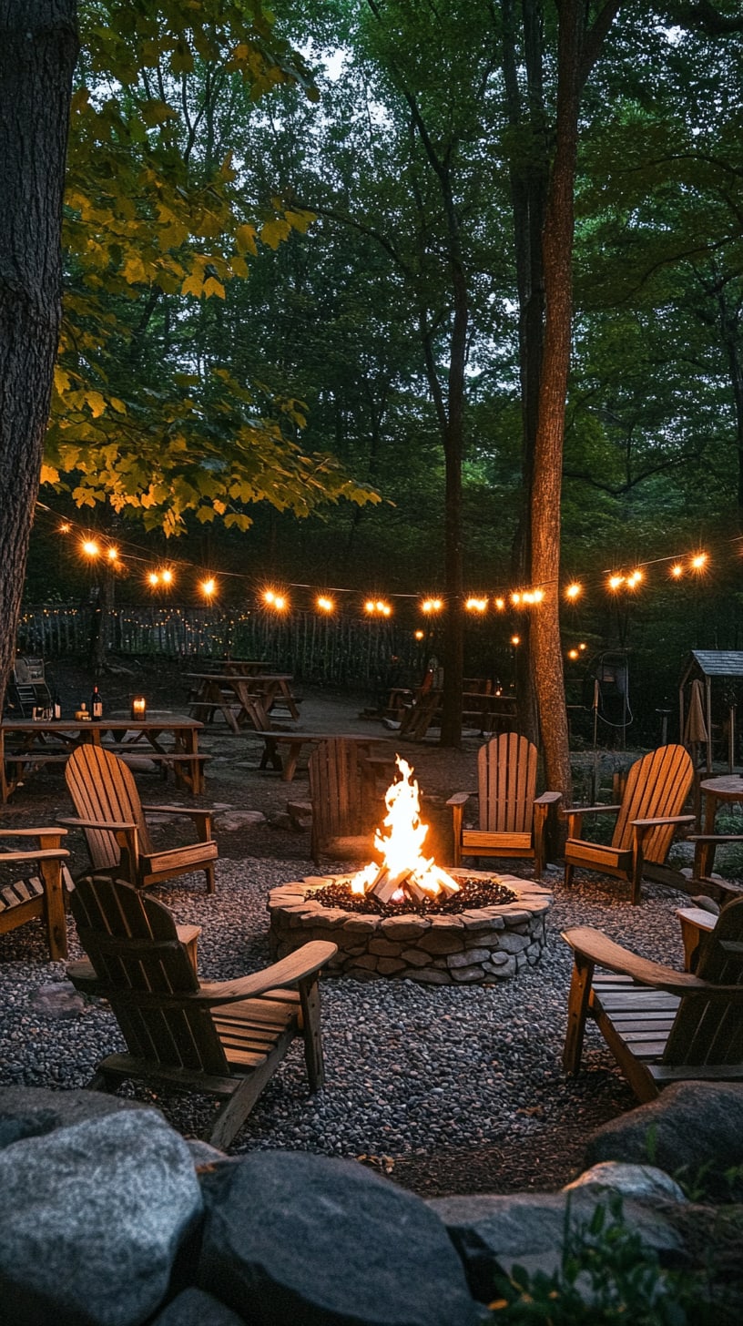 A cozy outdoor seating area featuring wooden chairs around a fire pit, adorned with string lights and surrounded by trees, ideal for evening gatherings in autumn.