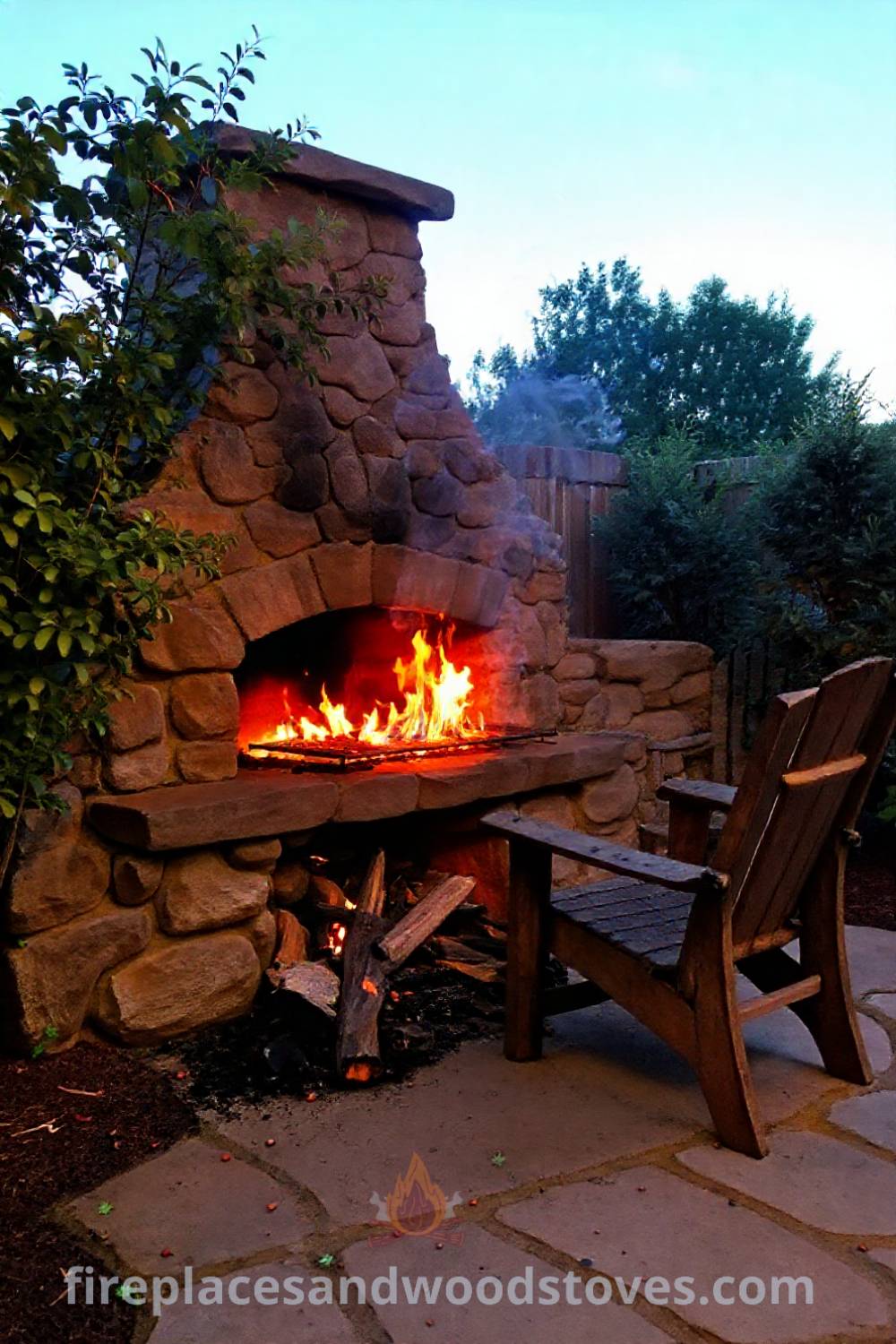 Outdoor fireplace BBQ in a cozy garden corner, featuring rough-hewn stone, flickering flames, rustic chairs, and a warm ambiance, creating an inviting space for gatherings. Visit patioandhomefurniture.com for incredible ideas that will wow your guests.