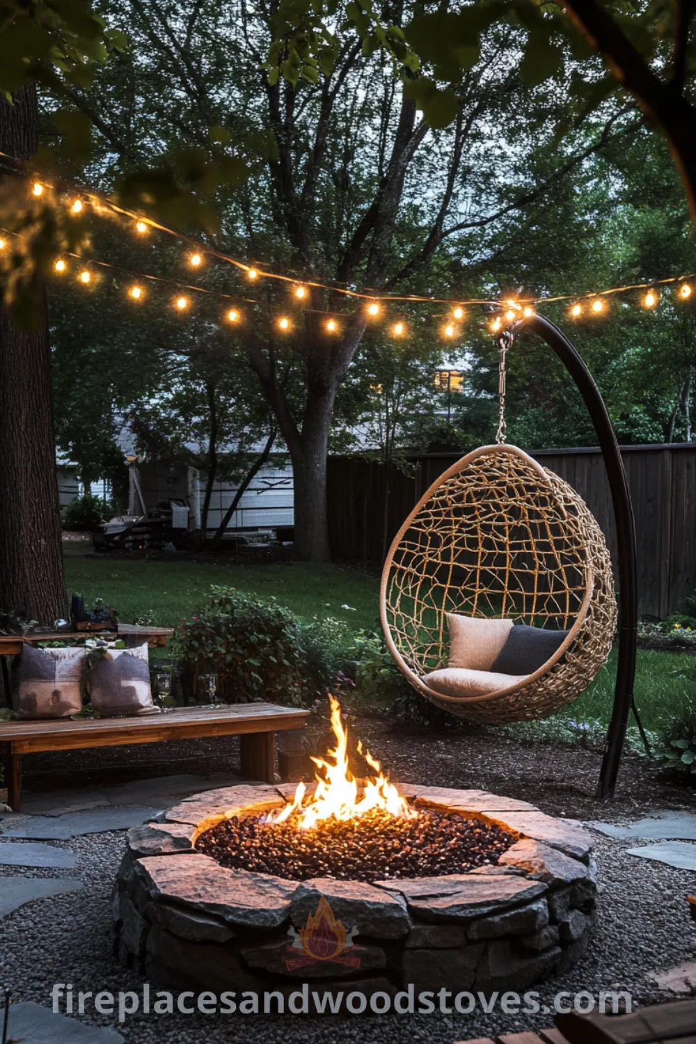 Backyard fire pit area on fireplacesandwoodstoves.com showcasing a cozy outdoor space with seating, fire pit lighting, and unique decor ideas for an inviting outdoor hangout area.