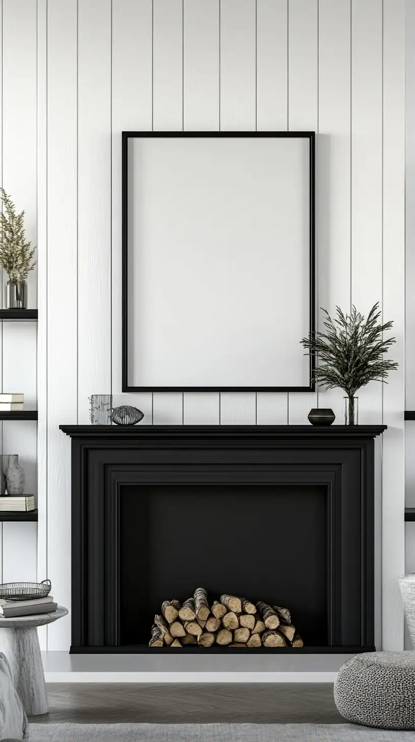 A black fireplace with a blank white picture frame above it, set against a white shiplap wall, showcasing a cozy and minimalistic interior design.