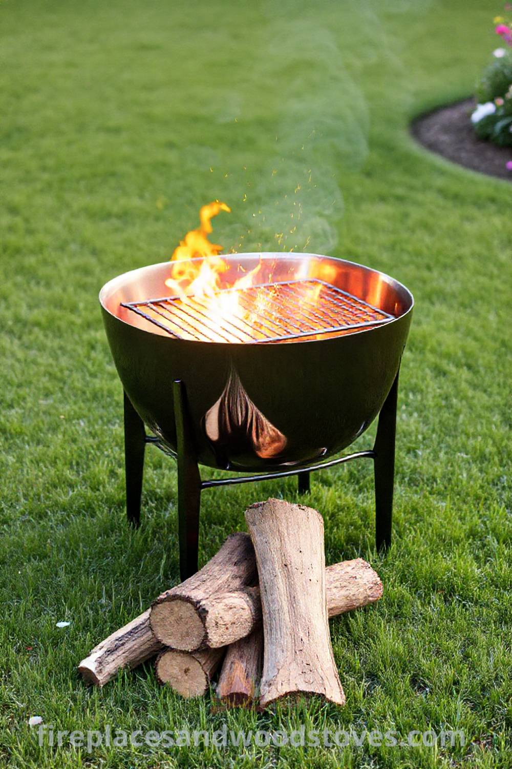Sleek metal wood-burning fire pit with grill grate on lush green lawn, surrounded by garden flowers and logs, creating a cozy outdoor gathering atmosphere perfect for starlit evenings. Visit patioandhomefurniture.com for incredible outdoor design inspiration.