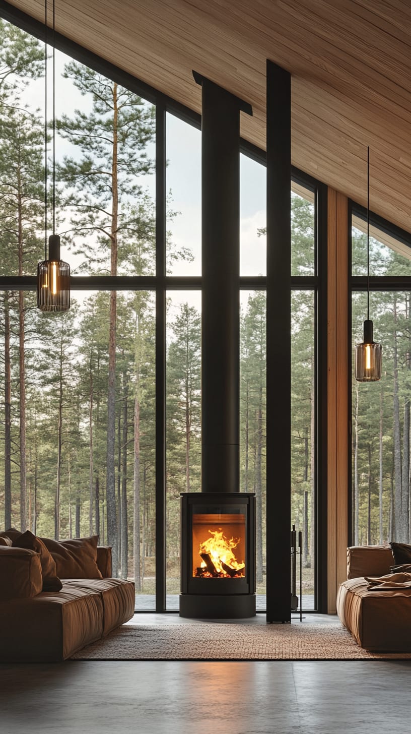 A modern living room featuring a tall black wood stove, large windows overlooking a forest, and a cozy sofa, all designed in Scandinavian style with warm lighting and natural materials.