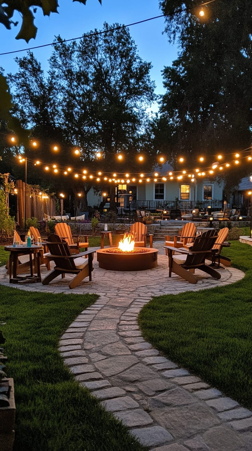 A cozy backyard scene featuring a fire pit surrounded by chairs and string lights, creating an inviting atmosphere for gatherings.