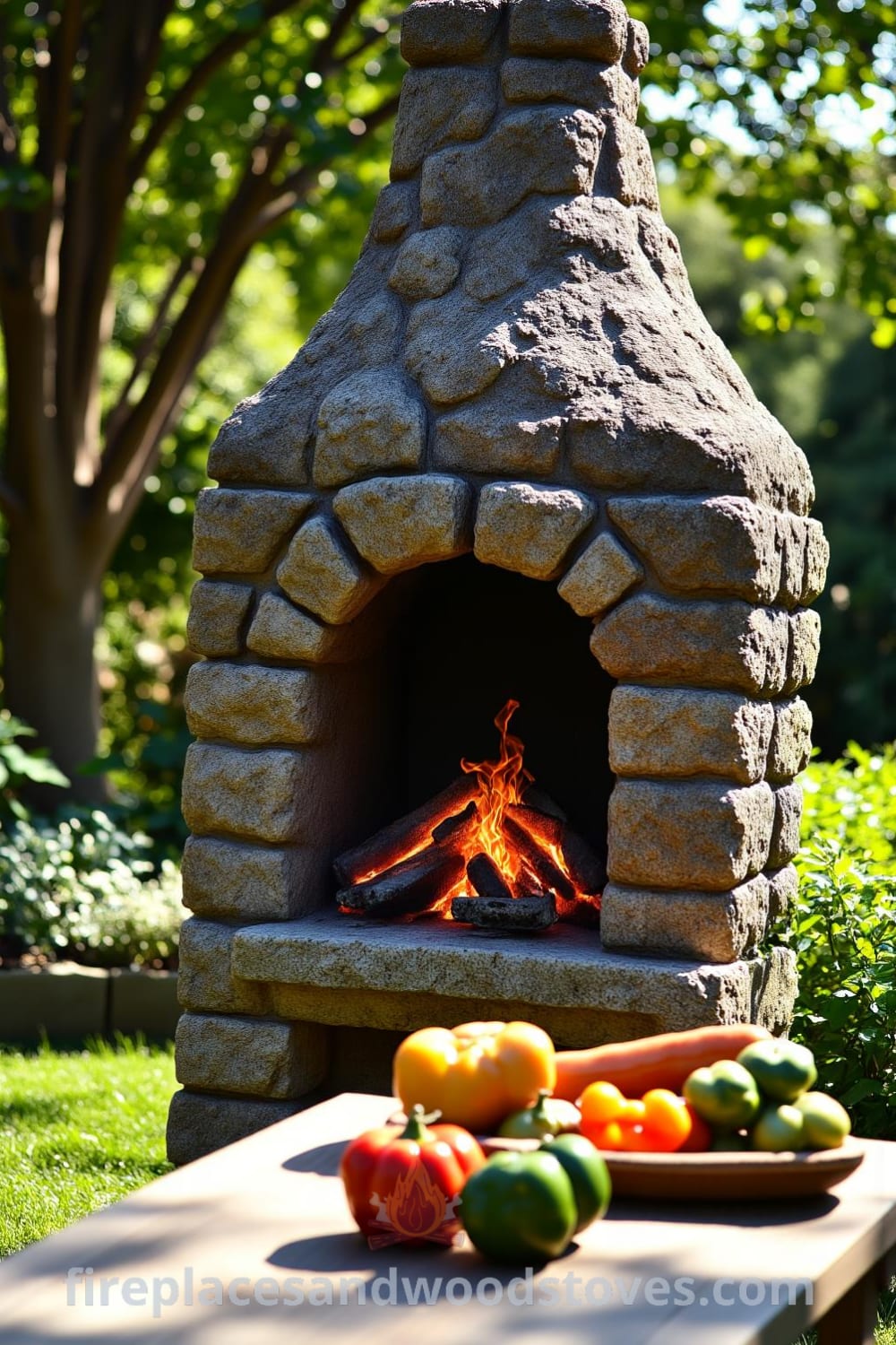 Rustic stone outdoor barbecue in a sun-drenched garden with smoldering charcoal, casting warm glow, surrounded by vibrant vegetables on a weathered wooden table, creating a cozy and inviting atmosphere for gatherings, featured on fireplacesandwoodstoves.com.