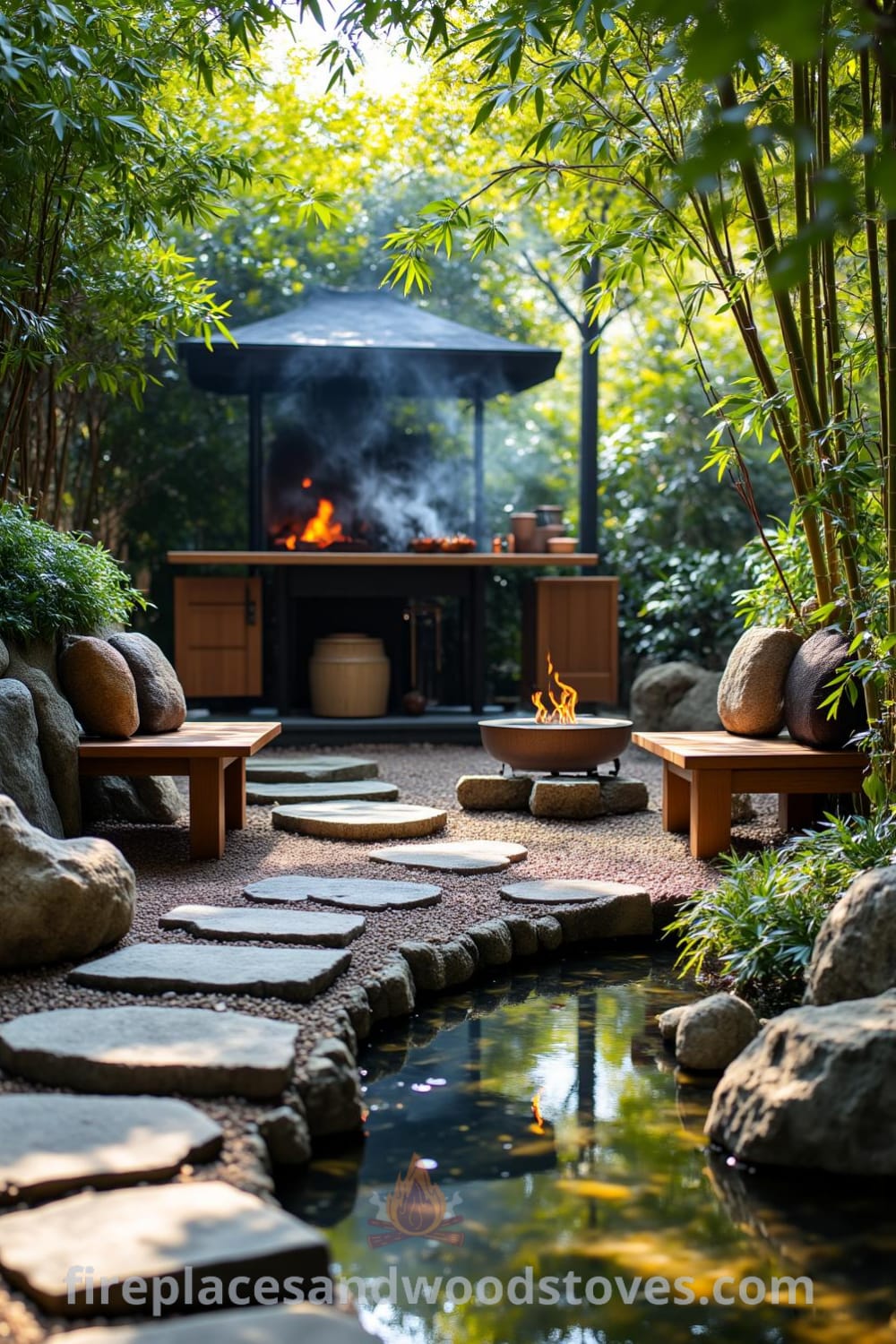 Zen garden barbecue scene featuring a wood-fired grill, surrounded by swaying bamboo, smooth river stones, and dappled natural light, with reclaimed wood seating and a tranquil pond, perfect for cozy outdoor inspirations at fireplacesandwoodstoves.com.