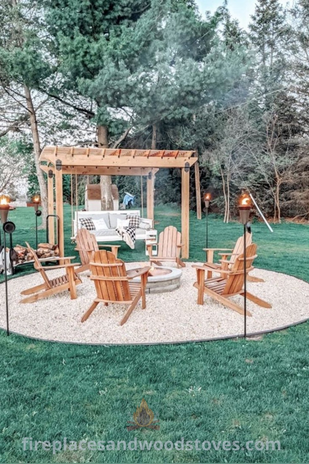An outdoor patio featuring stylish chairs and a large fire pit, creating a cozy hangout area ideal for gatherings, complemented by a pergola. Discover inspiring backyard ideas at patioandhomefurniture.com.