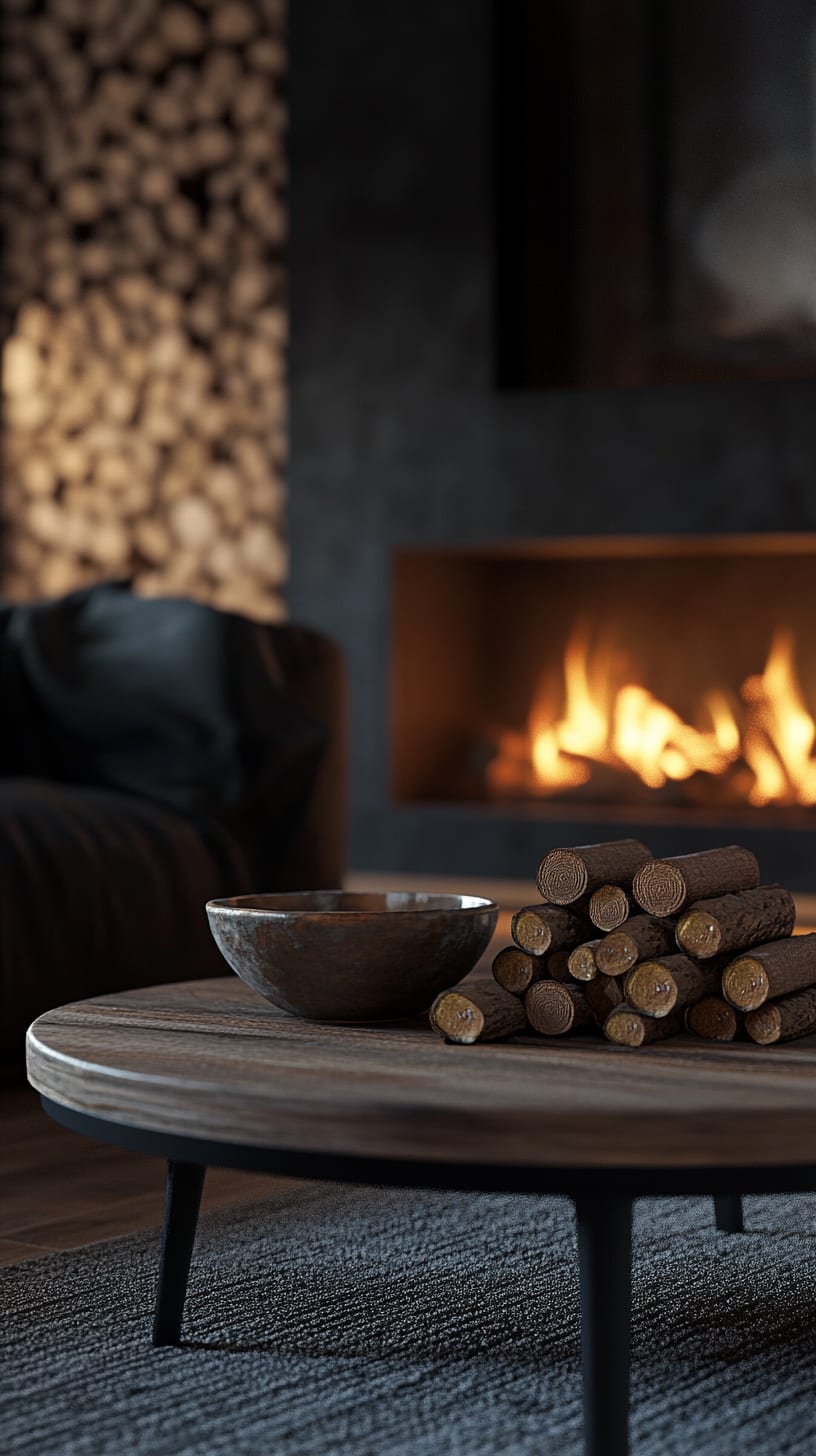 A cozy living room scene with a round coffee table, a bowl on top, and scattered firewood, set against a dark grey sofa and a wood-burning fireplace.