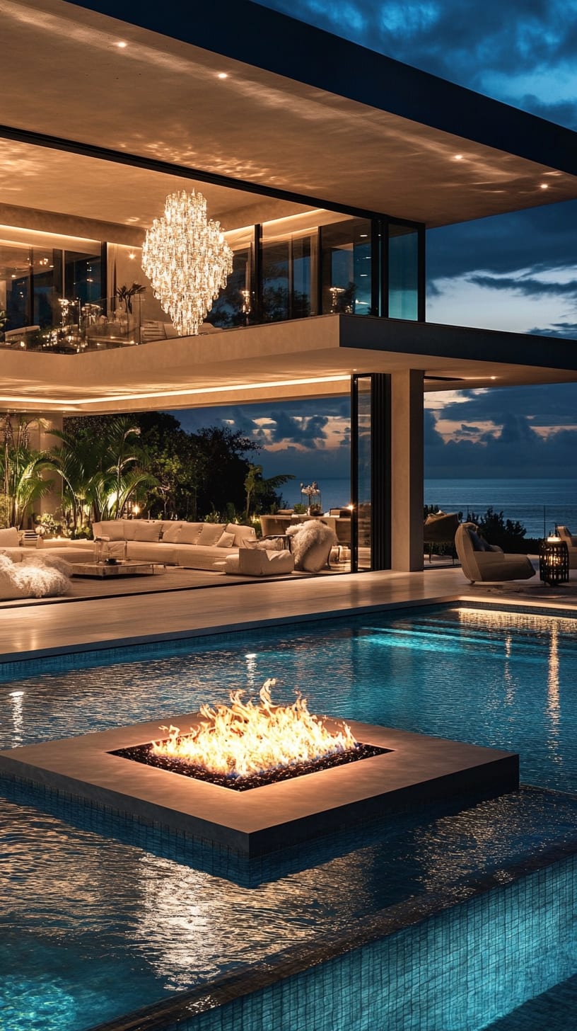 A modern mansion with large glass windows, a swimming pool, and a fire pit, overlooking the ocean at night, featuring elegant interior design elements like a grand chandelier.