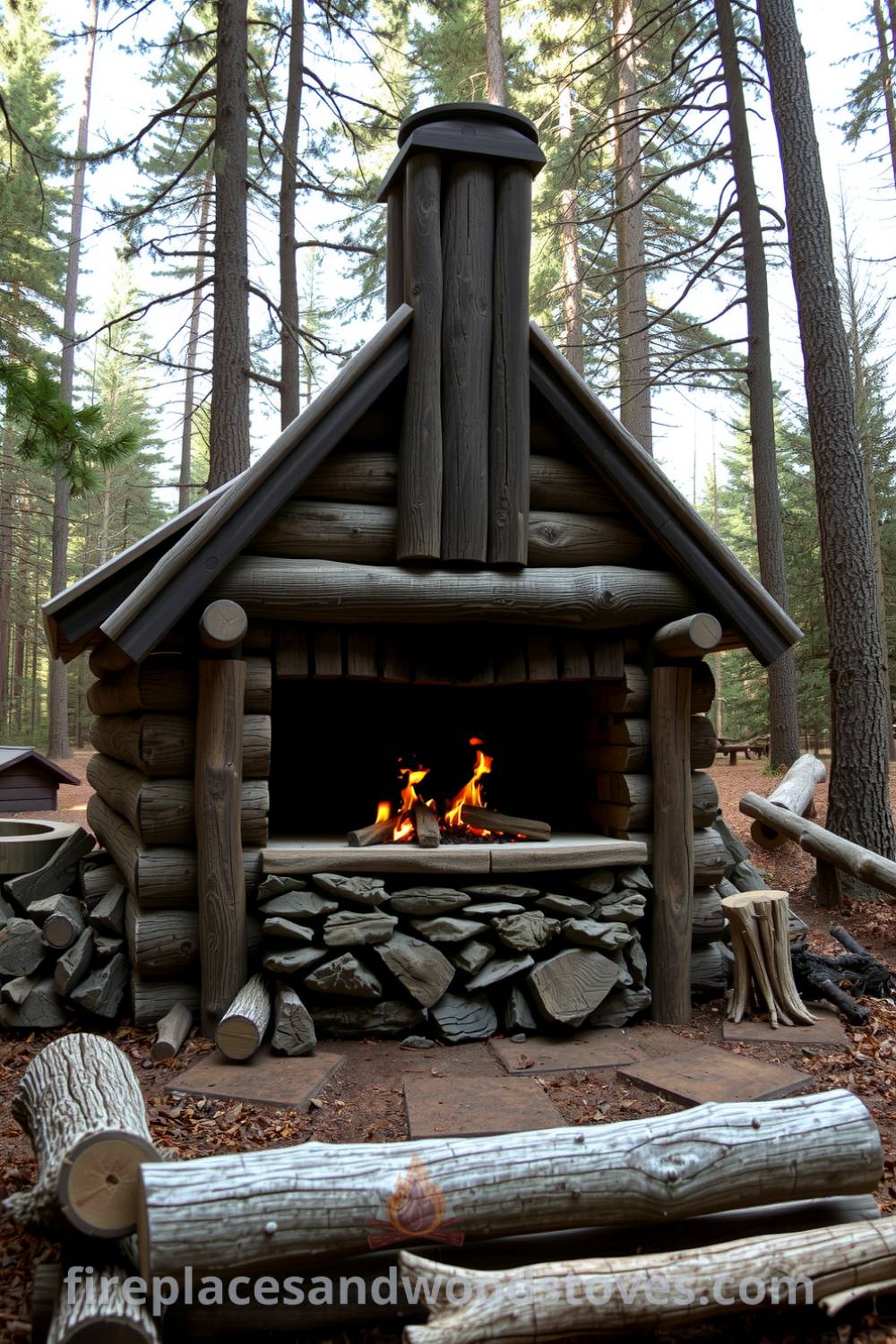 Log-built outdoor barbecue nestled in a wild forest surrounded by trees, featuring a warm firebox with flickering flames, rustic log seating, creating an inviting atmosphere for outdoor gatherings, perfect for cozy home design ideas and inspirations at fireplacesandwoodstoves.com.