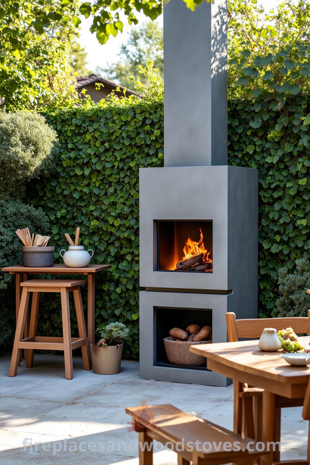 Modern concrete outdoor barbecue on a sunlit patio surrounded by overgrown greenery, with crackling flames, rustic wooden table with fresh ingredients, and stone tiles, showcasing cozy ideas for outdoor living at fireplacesandwoodstoves.com.