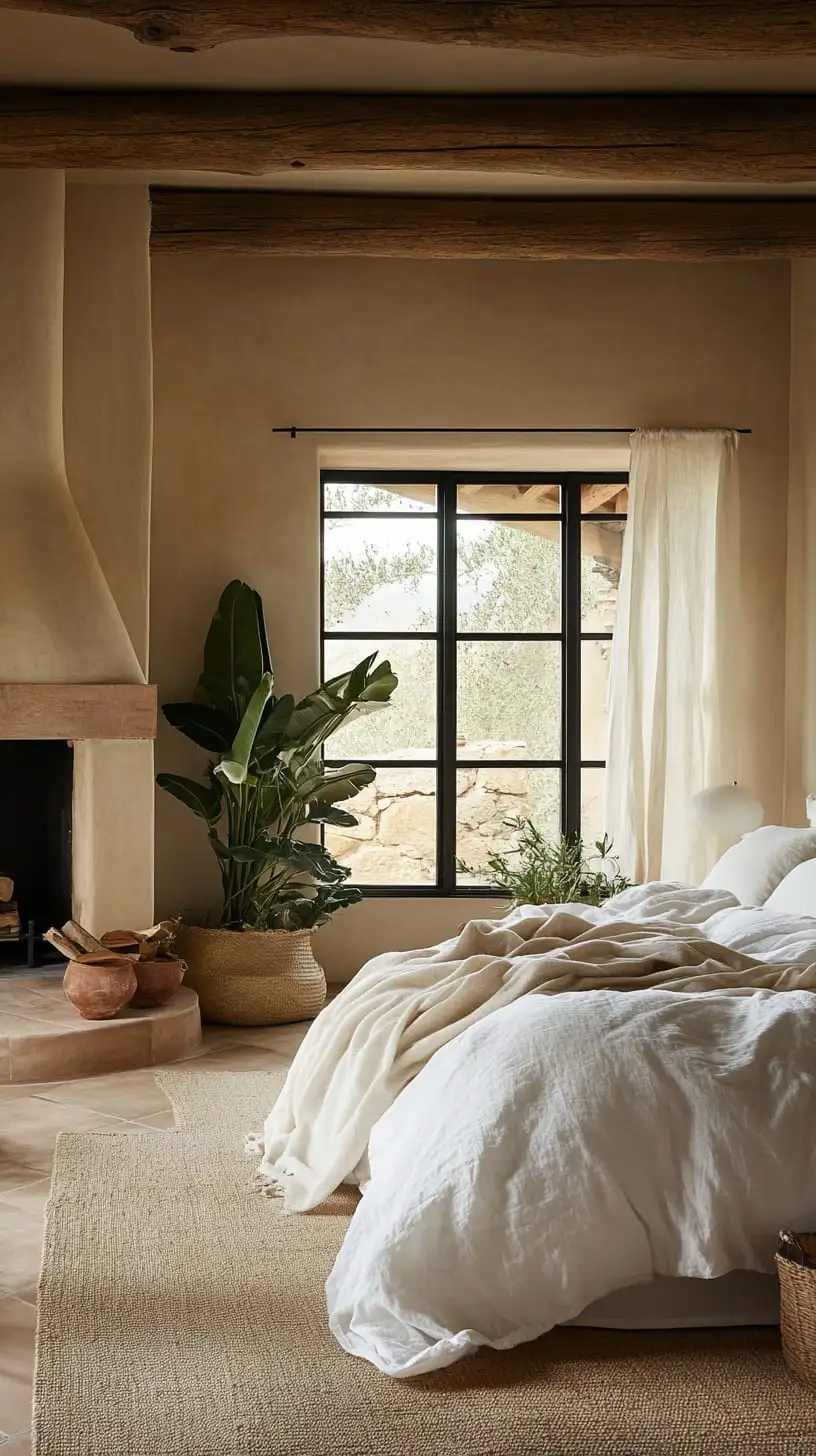 A cozy bohemian bedroom featuring large windows, beige walls, white linen bedding, a fireplace, and plants, all bathed in natural light.