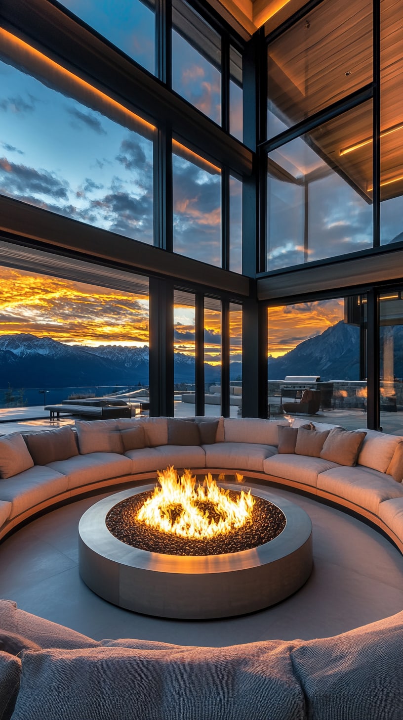 A modern luxury living room with a circular fireplace and floor-to-ceiling windows overlooking mountains at sunset.