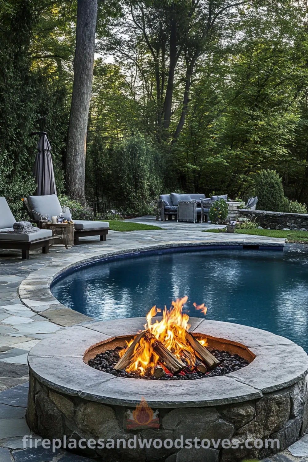 Backyard pool area with fire pit and hot tub ideas on fireplacesandwoodstoves.com, showcasing cozy designs, pool landscaping, and outdoor entertainment inspirations.